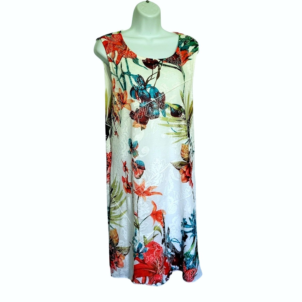 Chicos Tropical Floral Jacquard Sleeveless Shift Dress Size 3 = XL 16 18 Summer